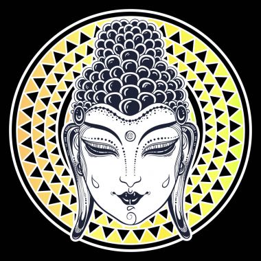 Beautiful Buddha face over tribal geometric ornament. Vector decorative ethnic artwork isolated. India, Thai, buddhism and religious motifs, tattoo art. Use for print, posters, t-shirts and textiles. clipart