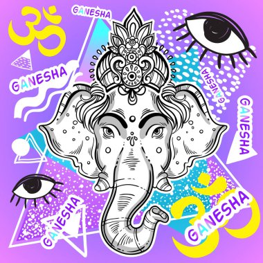 Vektör Lord Ganesha renkli vintage arka plan üzerinde. Güzel ayrıntılı retro sanat. 80s ve 90s tarzı. Sanrı yaratıcı illüstrasyon. Budizm, simya, yoga, dövme, baskı, poster.