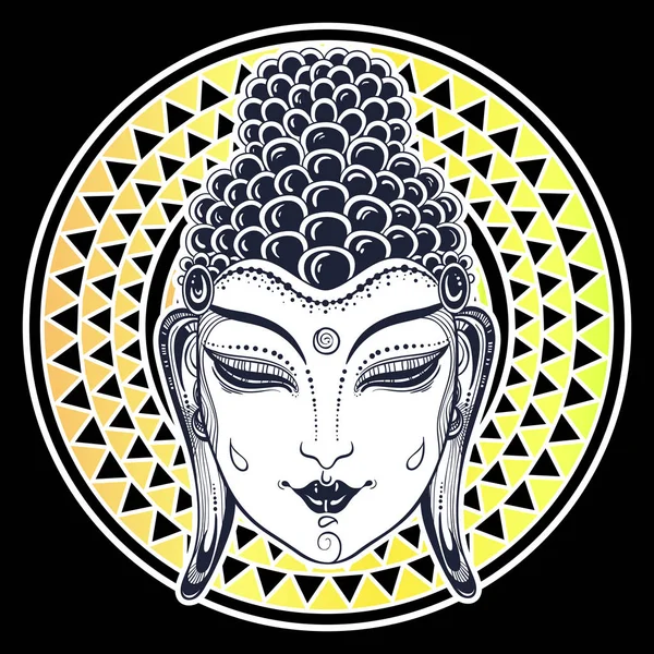 Krásná tvář Buddhy nad kmenové geometrický ornament. Vektor dekorativní etnické grafiky, samostatný. Indie, thajské, buddhismus a náboženské motivy, tetování umění. Použití pro tisk, plakáty, trička a textil. — Stockový vektor