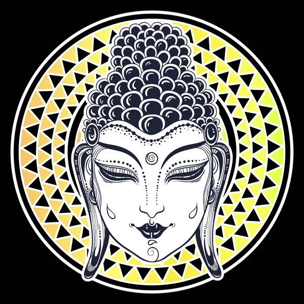 Wunderschönes Buddha-Gesicht über einem geometrischen Stammesornament. Vektor dekorative ethnische Kunstwerke isoliert. Indien, Thailand, Buddhismus und religiöse Motive, Tätowierkunst. Verwendung für Druck, Poster, T-Shirts und Textilien. — Stockvektor