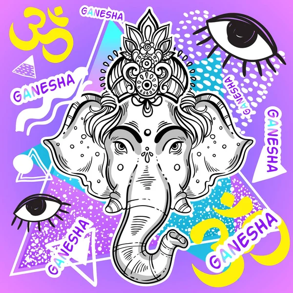 Vector Lord Ganesha över färgglada vintage bakgrund. Vackert detaljerade retro konstverk. 80- och 90-talet stil. Psykedeliska kreativ illustration. Buddhismen, alkemi, yoga, tatuering, ut, affisch. — Stock vektor