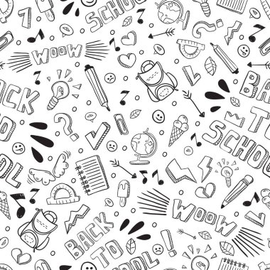 Geri okul komik vektör seamless modeli için. Siyah ve beyaz okul malzemeleri ve yaratıcı elemanları izole. Doodle tarzı sanat. Doğu düzenlenebilir bir şablona tasarımınız için. Baskı, poster, tekstil.