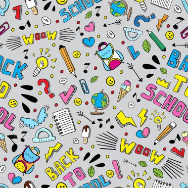 Geri okul komik vektör seamless modeli için. Siyah ve beyaz okul malzemeleri ve yaratıcı elemanları izole. Doodle tarzı sanat. Doğu düzenlenebilir bir şablona tasarımınız için. Baskı, poster, tekstil.