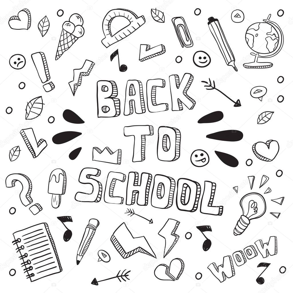 Back to school funny vector illustration. Black and white school supplies and creative elements isolated. Doodle style artwork. East editable template for your design. Print, posters, coloring page.