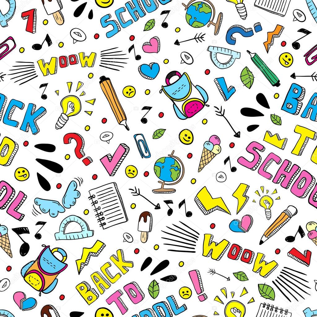 Back to school funny vector seamless pattern. Black and white school supplies and creative elements isolated. Doodle style artwork. East editable template for your design. Print, posters, textile.