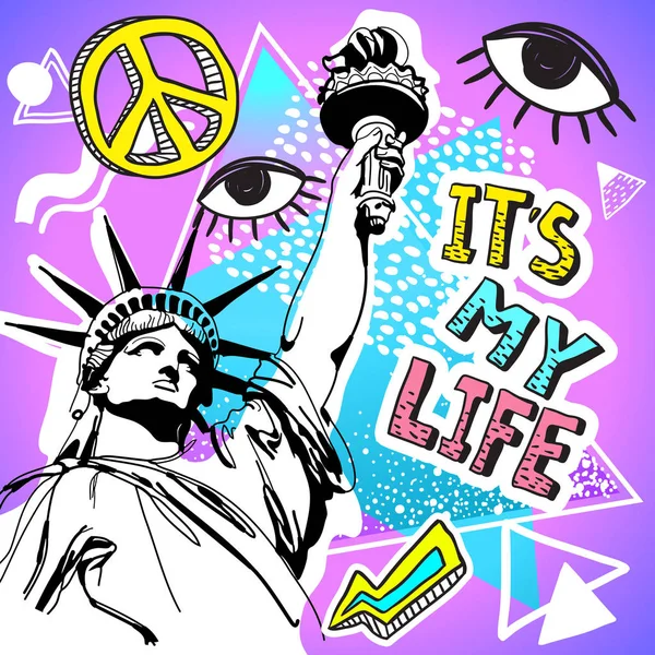 Retro style party colorful illustration. 80s fashion, 80s poster and banner. Memphis design elements and Statue of Liberty, America. Eighties style graphic template. East editable vector artwork. — Stock Vector