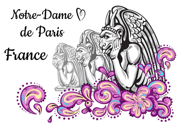 Világ híres mérföldkő gyűjtemény. Franciaország, Paris. Notre Dame de Paris. Vízköpő. Szép vektoros grafika színes díszített. A design tökéletes sablon. Plakátok, utazási kártyák, weboldal tervezés. — Stock Vector