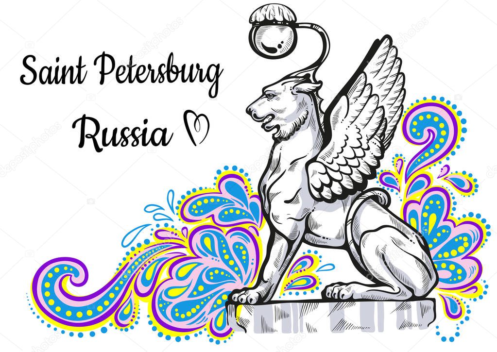 World famous landmark collection. Russia, St. Petersburg. Bank Bridge. Bronze Cats with Golden Wings. Griffins. Vector artwork. Perfect template for your design. Posters, travel cards, site design.