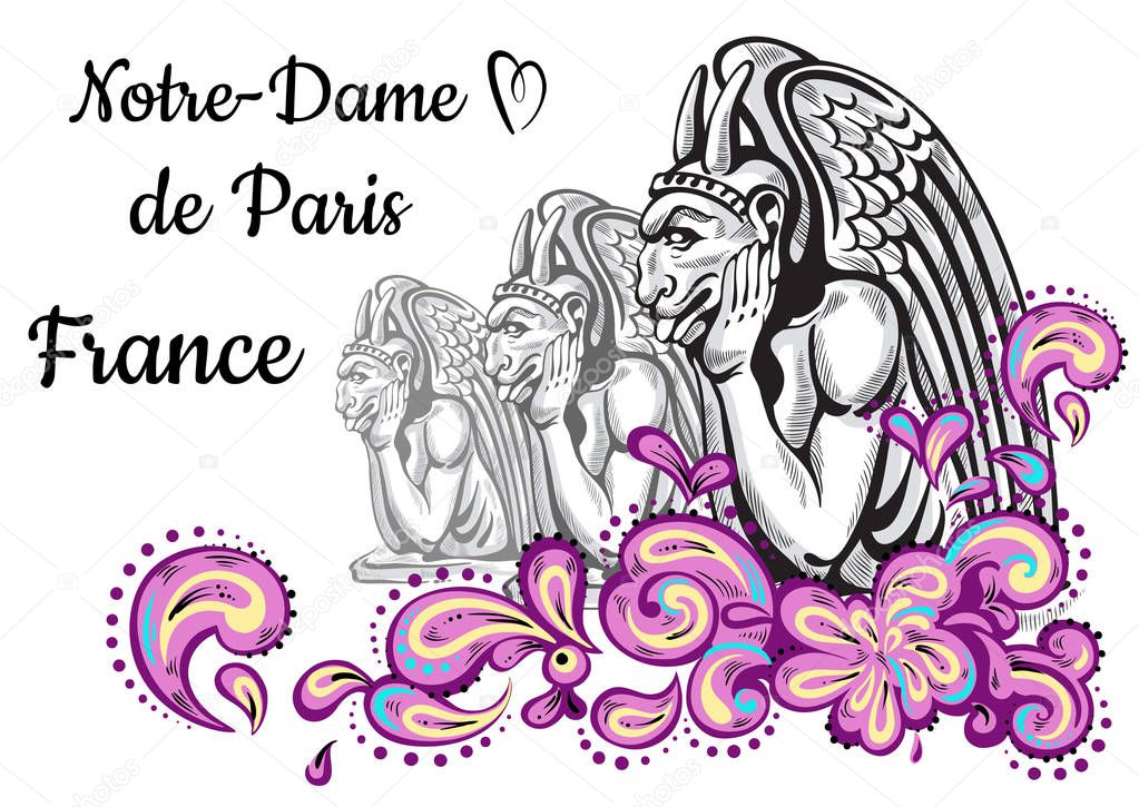 World famous landmark collection. France, Paris. Notre Dame de Paris. Gargoyles. Beautiful vector artwork colorful decorated. Perfect template for your design. Posters, travel cards, site design.