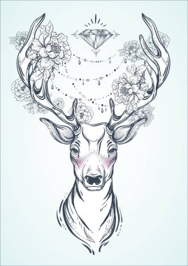 Beautiful hand drawn tribal style deer. Vector deer head decorated with peony flowers and diamond beads. Spiritual art, yoga, boho style. T shirts print and posters. clipart