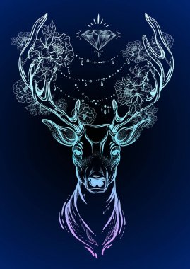 Beautiful hand drawn tribal style deer on dark background. Vector deer head decorated with peony flowers and diamond beads. Spiritual art, yoga, boho style. T shirts print and posters. clipart