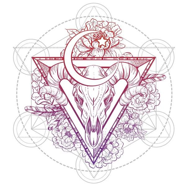 Beautiful hand drawn tribal style Bull Skull on sacred triangle with peony flowers; Trendy Vintage style vector Illustration. Sacred geometry. Dark romance, philosophy, spirituality, occultism, alchem — Stock Vector