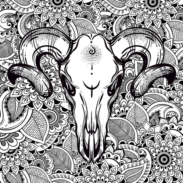 Bela mão desenhada estilo tatuagem romântica Bull Skull. Zentangle alto fundo floral detalhado. Projeto étnico, símbolo místico do boho tribal . — Vetor de Stock