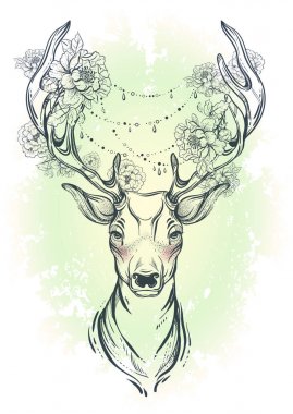 Beautiful hand drawn tribal style deer. Vector deer head decorated with peony flowers and diamond beads. Watercolor background. Spiritual art, yoga, boho style. T-shirts print and posters. clipart