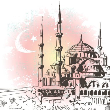 Vektör el illüstrasyon çizdi. Seyahat Geeting kartı Türkiye, Istanbul, Sultanahmet Camii veya Sultanahmet Camii.