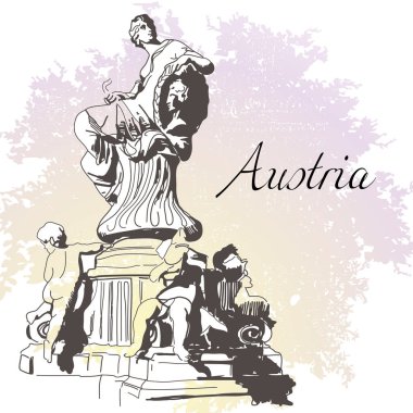 İllüstrasyon vektör el çekilmiş. Avusturya, Viyana, Dunnerbrunnen Çeşmesi. Tasarımınız için tarihi antik sembolü.