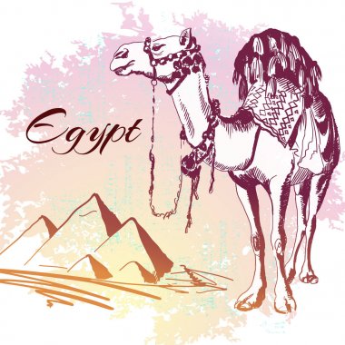 El vektör çizim çekilmiş. Mısır. Deve ve Piramitler.
