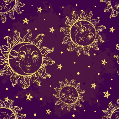 El Sketched trendy güneş ve ay seamless modeli. Zarif tasarım Tattoo. Vektör illüstrasyon izole. Simya, Astroloji, sihir.