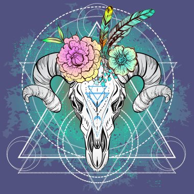 Boho Chic, etnik, Kızılderili boğa kafatası boynuzları üzerinde Boho çiçekli; Kutsal geometri. Trendy Vintage tarzı resimde. Karanlık romantik, felsefe, maneviyat, büyü, simya, büyü, aşk.