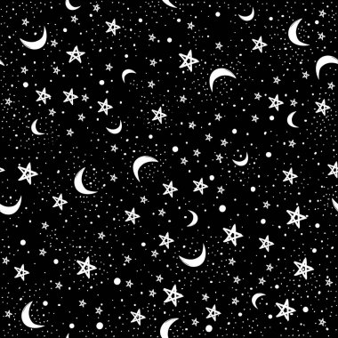 Gece gökyüzünde yıldızlar ve ay ile sorunsuz doodle deseni. Boho stil illüstrasyon. Kaydırma kağıt veya duvar kağıtları Tekstil için yararlı olabilir. İzole vektör çizim.