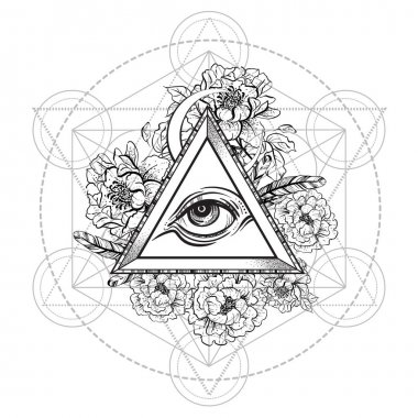 Şakayık çiçeği olan tüm gören göz piramit simge vektör. ve kutsal geometri. Providence gözü. Dövme tasarım, Astroloji, büyü, mistik sembol, boho tasarım. Baskı, t-shirtler ve Tekstil.