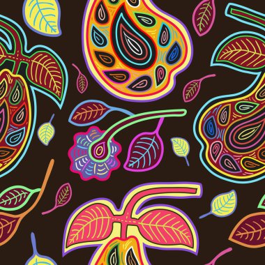 Vektör Seamless Modeli stilize armut, çiçek ve yaprakları Mola tarzı. Eski Ulusal arka plan. Vektör çizim