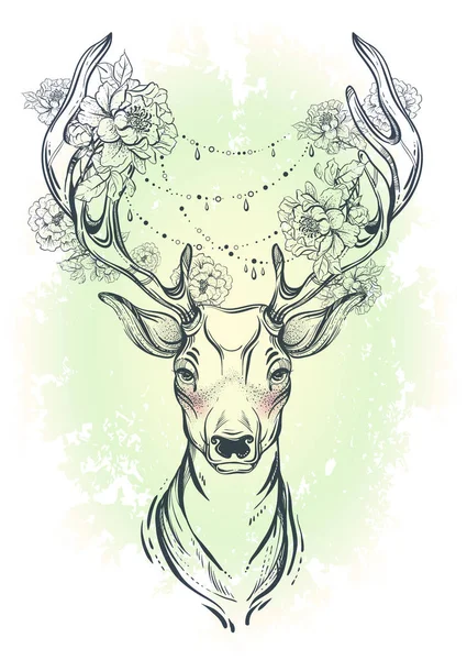 Beautiful hand drawn tribal style deer. Vector deer head decorated with peony flowers and diamond beads. Watercolor background. Spiritual art, yoga, boho style. T-shirts print and posters. — Stock Vector