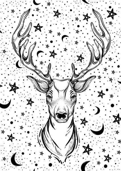 Beautiful hand drawn deer head on night sky background. Art work isolated on white. — Stock Vector