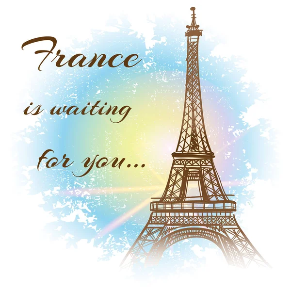ベクトルは落書きエッフェル塔のイラストです。フランスはあなたを待っています。フランス ツー リズム ギフト カード. — ストックベクタ