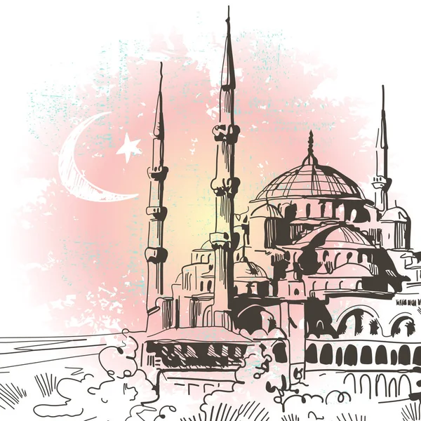 Ilustración dibujada a mano vectorial. Tarjeta de viaje Geeting. Turquía, Estambul, Mezquita Azul o Mezquita Sultanahmet . — Vector de stock