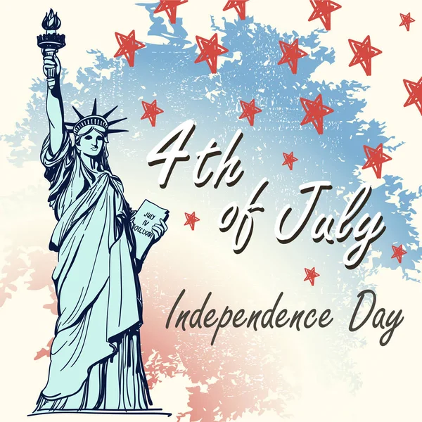 Carte de voeux avec drapeau américain et statue de la Liberté. Le 4 juillet. Jour de l'indépendance des États-Unis . — Image vectorielle