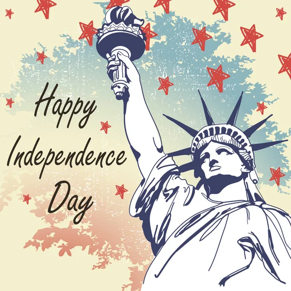 Carte de voeux avec drapeau américain et statue de la Liberté. Le 4 juillet. Joyeuse fête de l'indépendance des États-Unis . — Image vectorielle
