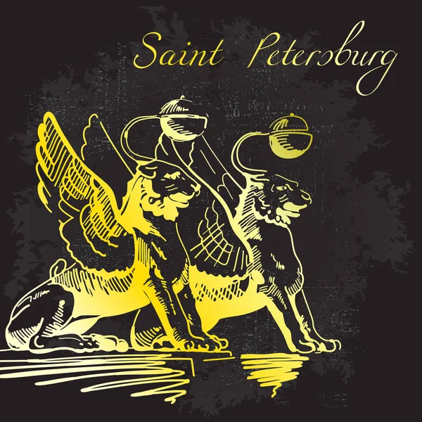 El vektör çizim çekilmiş. Dünya ünlü Landmarck serisi: Rusya, Saint Petersburg, banka köprü. Saint Petersburd Sumbol: Bronz altın kanatlar - Griffin ile Cats.