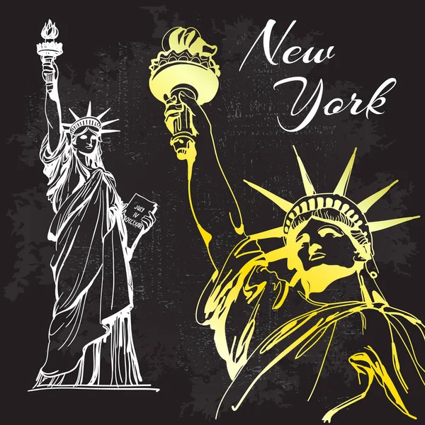 アメリカの世界の有名なランドマーク。自由の女神像。ニューヨーク。黒に分離された黄金シンボル ベクトル — ストックベクタ