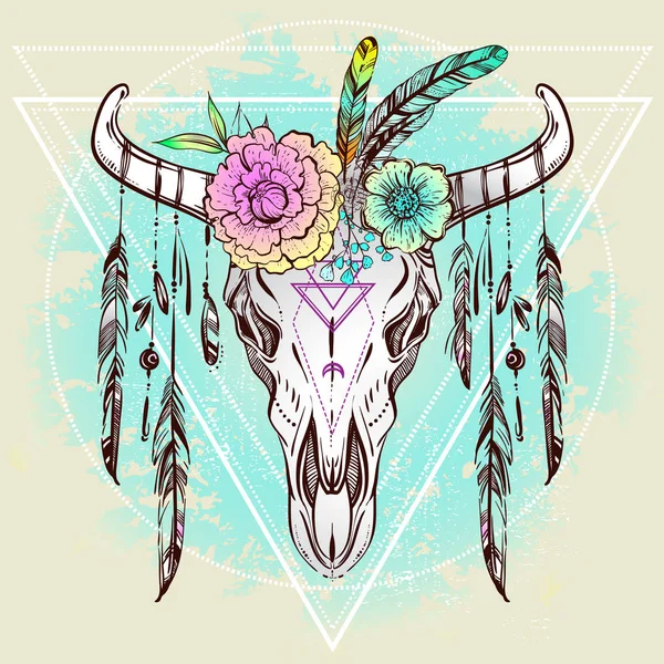Boho Chic, etnik, Kızılderili boğa kafatası tüyler ve Boho çiçek boynuz; Trendy Vintage tarzı resimde. Karanlık romantik, felsefe, maneviyat, büyü, simya, büyü, aşk.