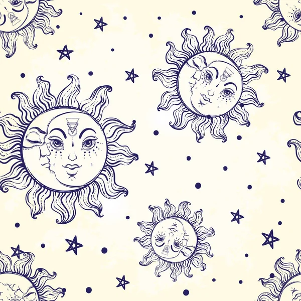 Hand skizzierte trendige Sonne und Mond nahtlose Muster. elegantes Tätowierdesign. isolierte Vektorillustration. Alchemie, Astrologie, Magie. — Stockvektor