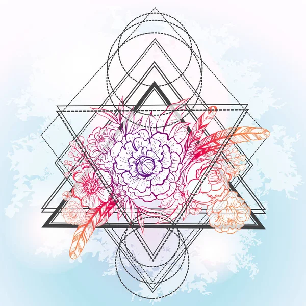 Vector Boho florale trendige Einladung. Pfingstrosen und Federn auf sakralem Geometrie-Aquarell-Hintergrund. Mystiker, Romantiker, Alchemie, okkultes Konzept, Astrologie, Schamanismus, Religion. — Stockvektor