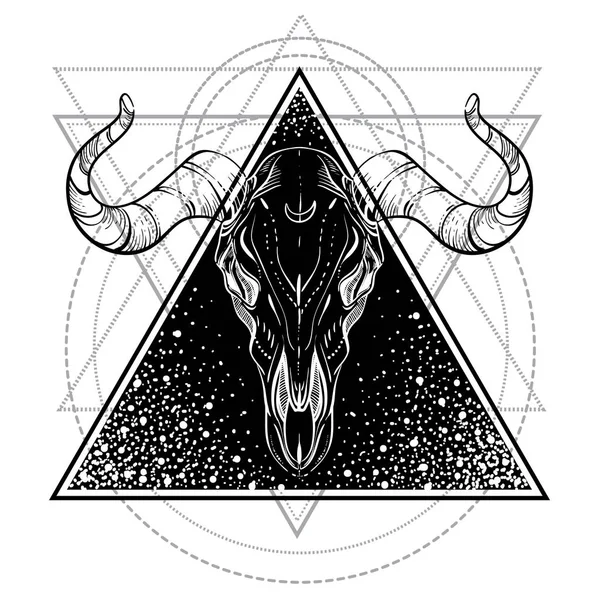 Blackwork tatuaje flash. Bull Skull. Geometría sagrada. Ilustración vectorial aislada en blanco. Diseño del tatuaje, símbolo místico, romance oscuro, astrología . — Vector de stock
