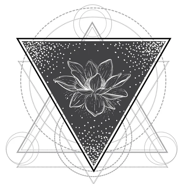 Lotusblomma. Sakral geometri. Blackwork tatuering blixt. Vektorillustration isolerade på vitt. Skriv ut, affischer, tatuering design, t-shirts och textilier. — Stock vektor