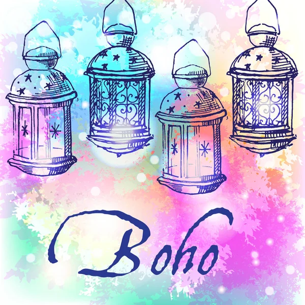 Boho Illustration with Turkish flashlightson watercolor background. Magic bohemian image. — Stock Vector