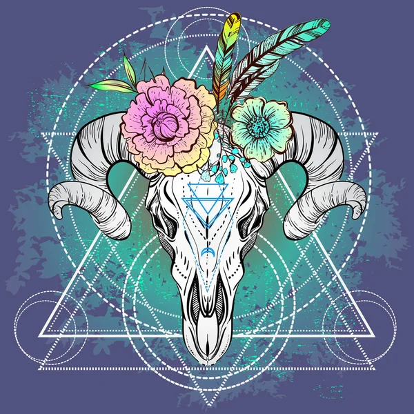 Boho Chic, etnik, Kızılderili boğa kafatası boynuzları üzerinde Boho çiçekli; Kutsal geometri. Trendy Vintage tarzı resimde. Karanlık romantik, felsefe, maneviyat, büyü, simya, büyü, aşk.