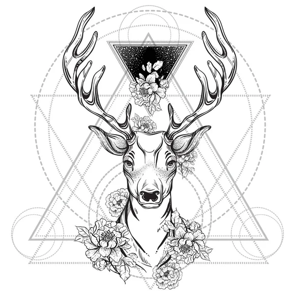 牡丹の花と神聖な幾何学の鹿の頭。ベクトル図は、白で隔離。自由奔放に生きるスタイルのタトゥーのデザイン、神秘的なシンボル、天文学、ダーク ロマンス. — ストックベクタ