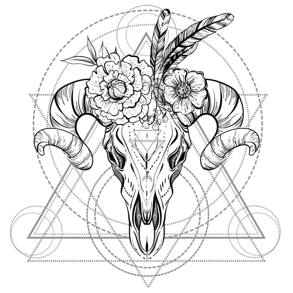 Boho Chic, etnik, Kızılderili boğa kafatası tüyler ve Boho çiçek boynuz; Trendy Vintage tarzı resimde. Kutsal geometri. Karanlık romantik, felsefe, maneviyat, büyü, simya, m