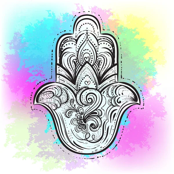 Vector indiska handen ritade hamsa symbol på akvarell bakgrund. Indisk, Buddhism, andliga motiv. Tatuering, yoga, andlighet — Stock vektor