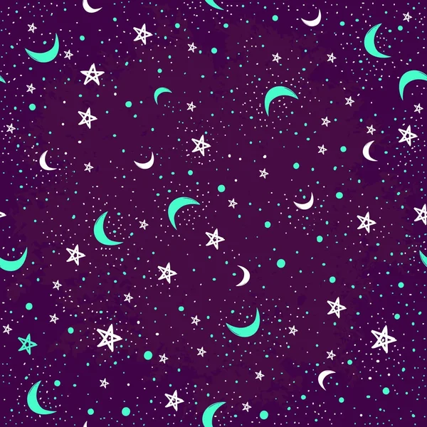 Schema doodle senza soluzione di continuità del cielo notturno con stelle e lune. Illustrazione in stile Boho. Può essere utile per tessuti, carta da parati o carta da parati. Illustrazione del vettore isolato . — Vettoriale Stock
