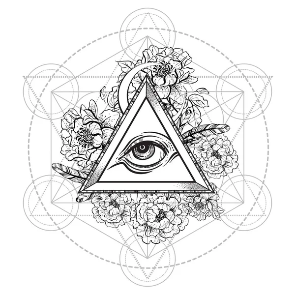 Şakayık çiçeği olan tüm gören göz piramit simge vektör. ve kutsal geometri. Providence gözü. Dövme tasarım, Astroloji, büyü, mistik sembol, boho tasarım. Baskı, t-shirtler ve Tekstil.