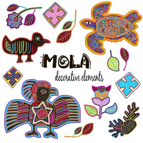 Set of Decorative Ethnic Elements. Mola Style Design. Antique. Colorful Vector Collection — Stock Vector