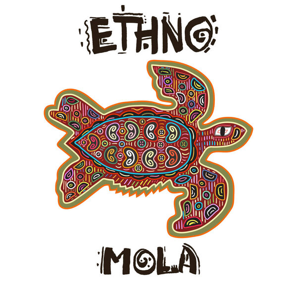 Декоративное векторное этническое животное в форме мола индейцев куна. Этно. Мола Стиль. Черепаха. Искусство древних индейцев
