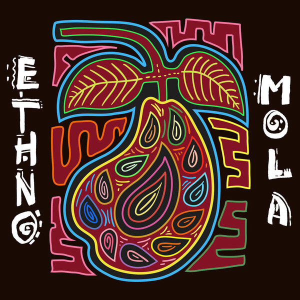 Красочный элемент этнического дизайна. ЭТНО. Форма искусства MOLA. Груша в стиле Мола. Этно-яркая декоративная иллюстрация
