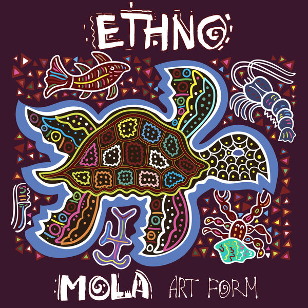 Элемент векторного этнического дизайна. Индейцы. Форма искусства MOLA. "Mola Style Turtle". Этно-красочная декоративная иллюстрация
